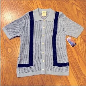 Massive Luxury NEW Crochet Knit Short Sleeve Button Front Sweater Blue Mens S
